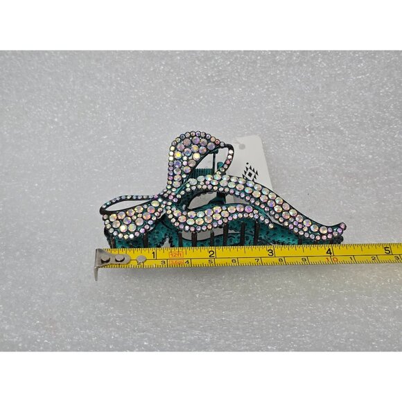 Rhinestone Bow Hair Claw Clip With Teal Accents - Picture 3 of 3